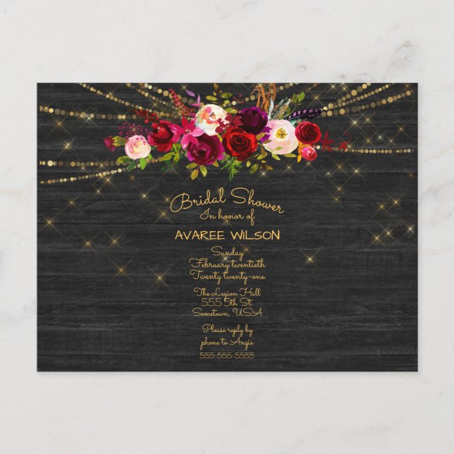  Barnboard String Lights Red Roses Bridal Shower Postcard (Front)