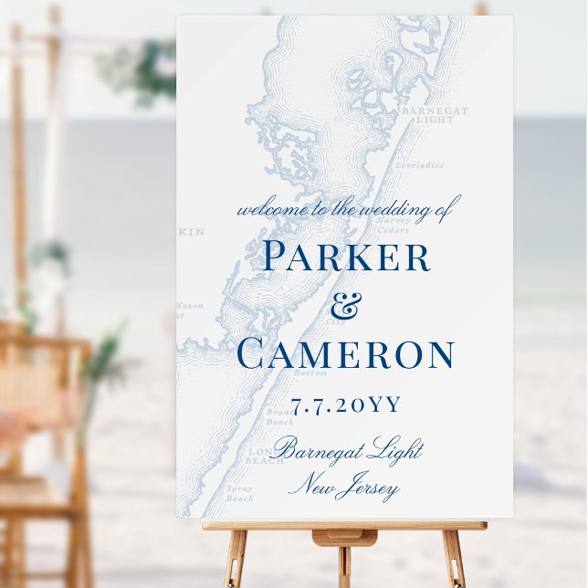 Barnegat Light Map Navy Blue Wedding Welcome Sign (Barnegat Light NJ Long Beach Island Map Wedding Welcome Sign in Elegant Navy Blue Coastal Map Design)