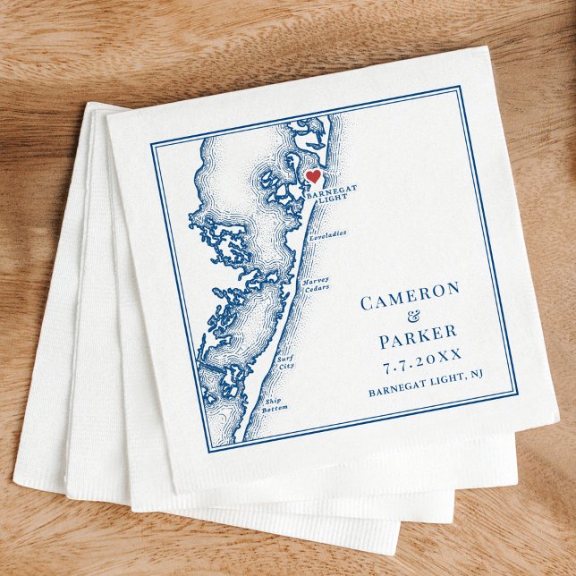 Barnegat Light NJ Map Navy Elegant Wedding Napkins (Barnegat Light NJ Wedding Napkins Long Beach Island Jersey Shore Map by Coastal Map Designs)