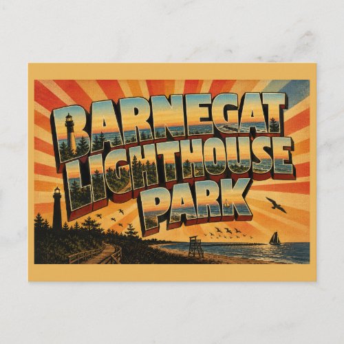 Vintage-style postcard of Barnegat Lighthouse in New Jersey