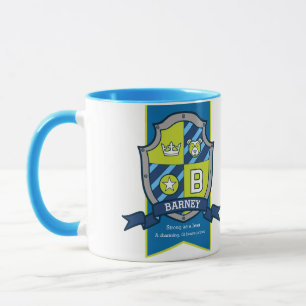 Barney letter B crest blue green name meaning mug