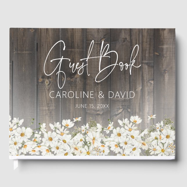 Barnwood and Daisies Rustic Wedding Guest Book (Front)