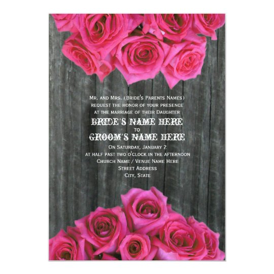 Barnwood And Hot Pink Roses Wedding Invitation Zazzle Barnwood And Hot Pink Roses Wedding Invitation