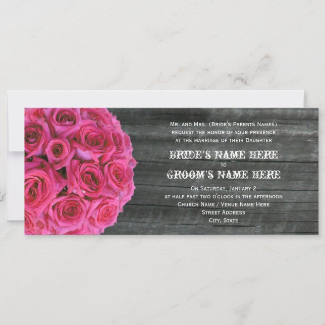 Barnwood and Hot Pink Roses Wedding Invitation (Front)