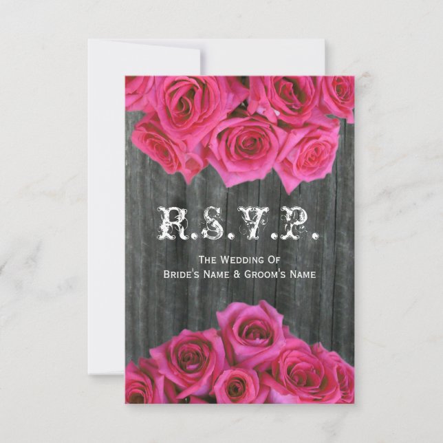 Barnwood and Hot Pink Roses Wedding Small RSVP (Front)