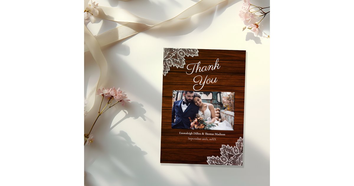 Barnwood and Vintage Lace Wedding Thank You Card | Zazzle