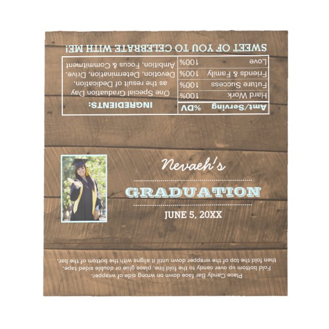 Barnwood Aqua Graduation Favor Candy Wrappers Notepad (Front)