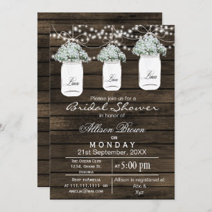 Barnwood babys breath mason jar bridal shower invitation