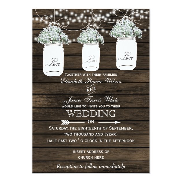 Barnwood Baby's Breath Mason Jar Wedding Invites