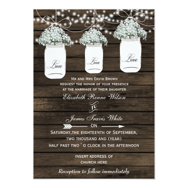 Barnwood Baby's Breath Mason Jar Wedding Invites