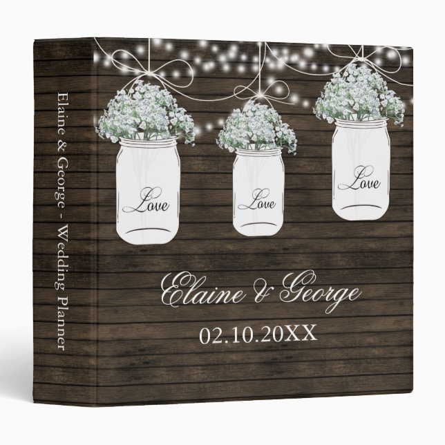 Barnwood Babys Breath Mason Jar Wedding Planner Binder (Front/Spine)