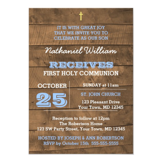 Barnwood Blue First Communion Invitation