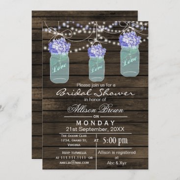 Barnwood blue mason jar rustic bridal shower invitation