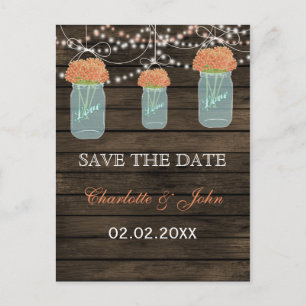 Barnwood coral flowers mason jars save dates announcement postcard