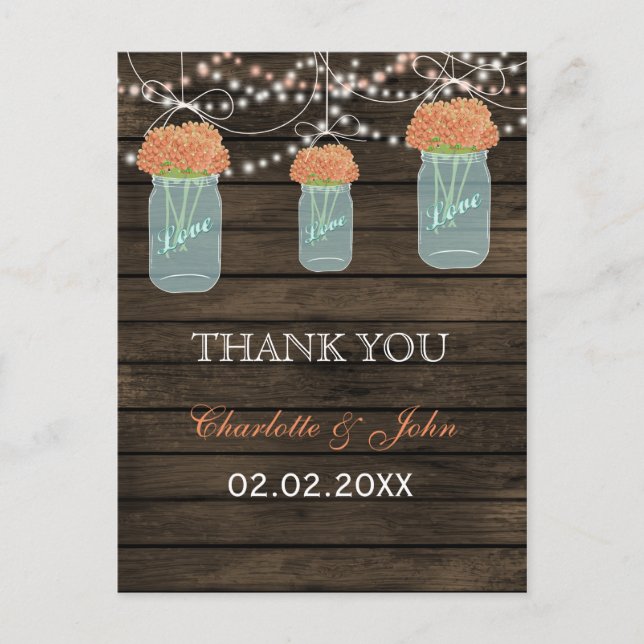Barnwood coral flowers mason jars Thank You notes (Front)