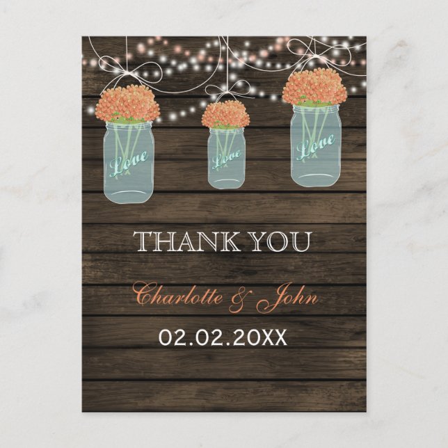 Barnwood coral flowers mason jars Thank You notes (Front)