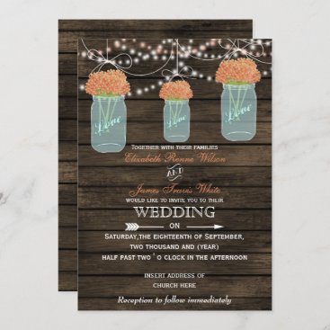 Barnwood, coral mason jar wedding invitations