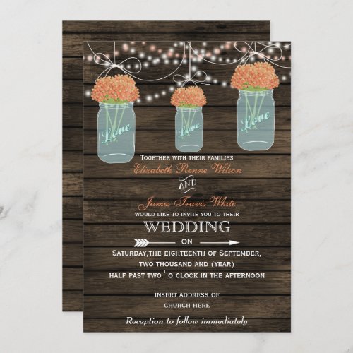 Barnwood coral mason jar wedding invitations