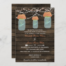 Barnwood, coral mason jar wedding invites