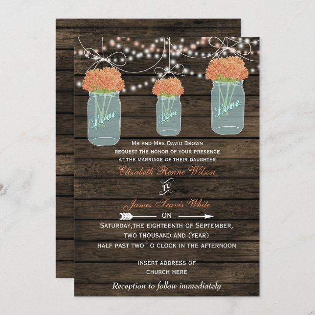 Barnwood, coral mason jar wedding invites (Front/Back)
