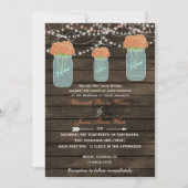Barnwood, coral mason jar wedding invites (Front)