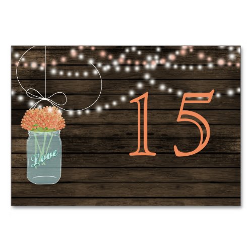 Barnwood coral mason jars wedding table numbers