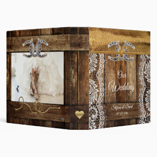 Barnwood Country Lace & Horseshoes Wedding  3 Ring Binder