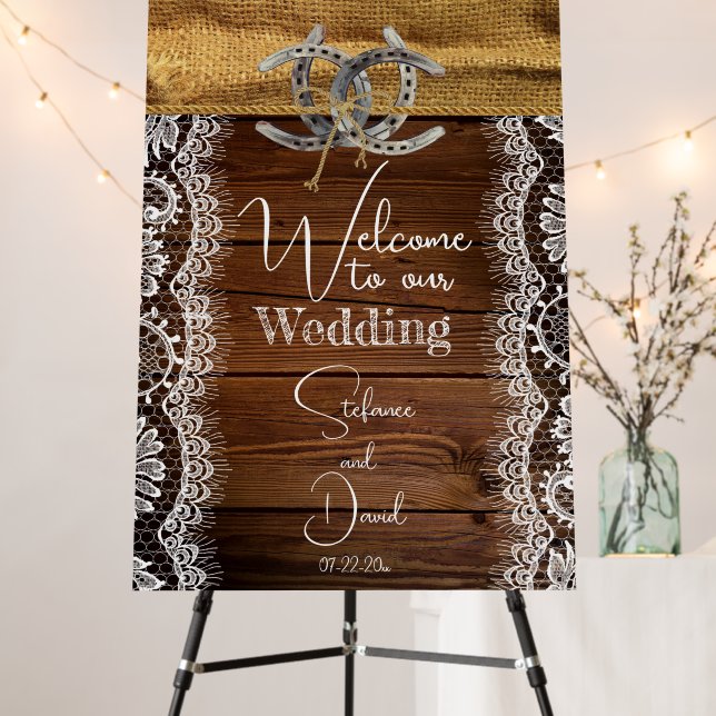 Barnwood, Country Lace & Horseshoes Wedding Foam Board (In Situ (Stand))