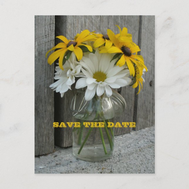 Barnwood, Daisies, Black Eyed Susans Save The Date Announcement Postcard (Front)