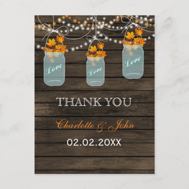 Barnwood  fall leaves mason jars Thank You notes (Front)