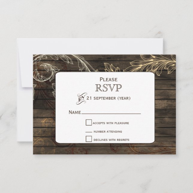 Barnwood flourish rustic wedding RSVP (Front)