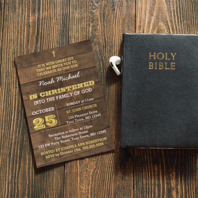 Barnwood Gold Christening Invitation (Creator Uploaded)