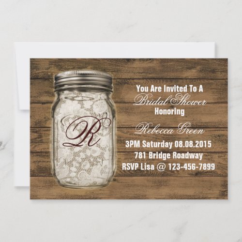 barnwood lace country  mason jar bridal shower custom invitations