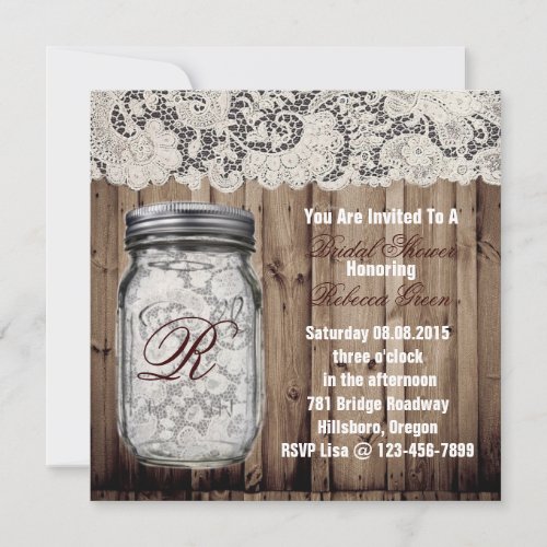 barnwood lace country  mason jar bridal shower custom announcement