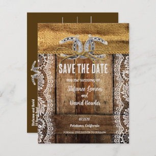 BARNWOOD, LACE & HORSESHOES SAVE THE DATE ANNOUNCEMENT POSTCARD