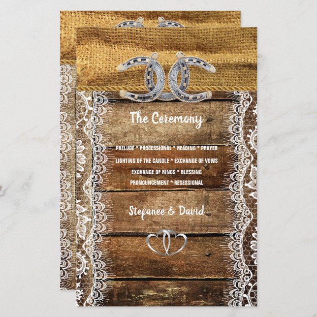 Barnwood, Lace Horseshoes Wedding Program (Front/Back)
