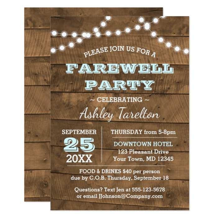 Barnwood Lights Aqua Farewell Party Invitation | Zazzle.com