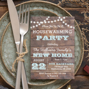 Barnwood Lights Aqua Housewarming Invitations