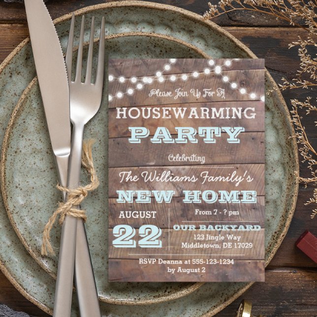 Barnwood Lights Aqua Housewarming Invitations (Creator Uploaded)