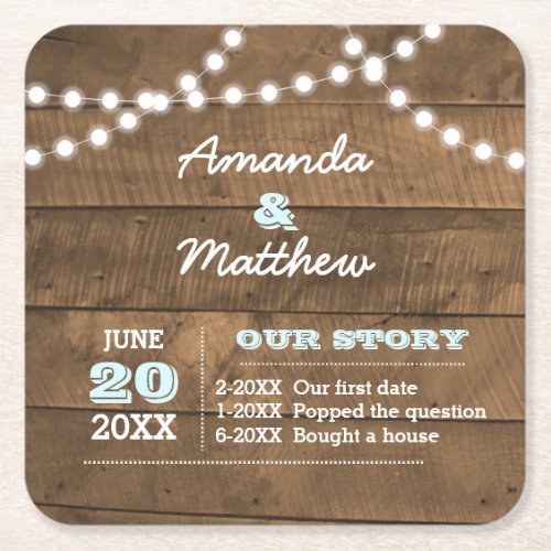 Barnwood Lights Aqua Personalized Wedding Square Paper Coaster