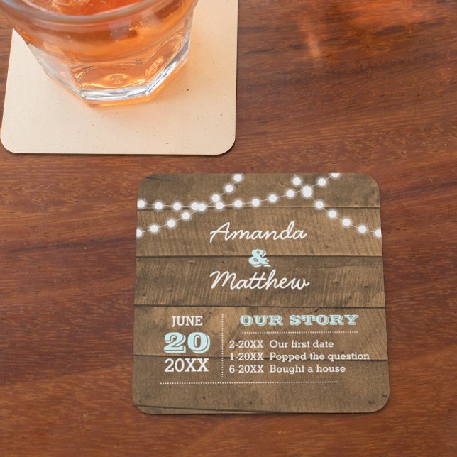 Barnwood Lights Aqua Personalized Wedding Square Paper Coaster (Creator Uploaded)
