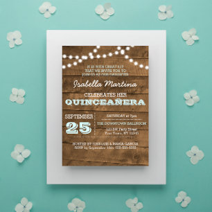 Barnwood Lights Aqua Quinceañera Invitation