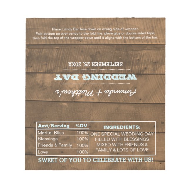 Barnwood Lights Aqua Wedding Favor Candy Wrappers Notepad (Front)
