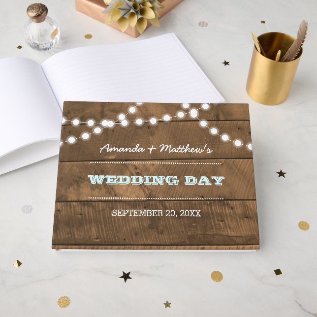 Barnwood Lights Aqua Wedding Guest Book (Front Open)