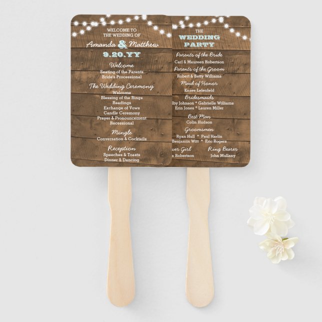 Barnwood Lights Aqua Wedding Program Hand Fans (Front and Back)