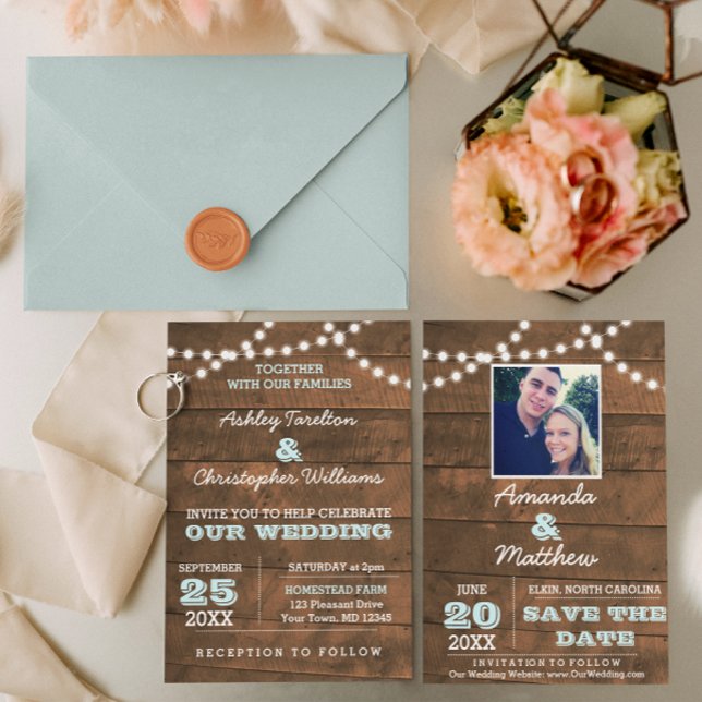 Barnwood Lights Aqua Wedding Save the Date Announcement Postcard (Creator Uploaded)