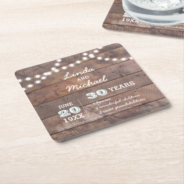 Barnwood Lights Diamond Personalized Anniversary Square Paper Coaster (Angled)