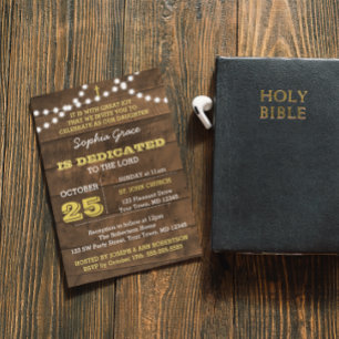 Barnwood Lights Gold Dedication Invitation