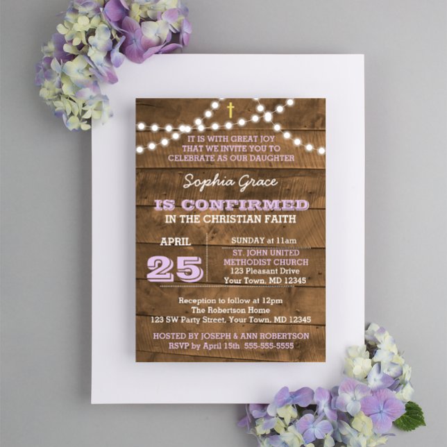 Barnwood Lights Lilac Confirmation Invitation (Creator Uploaded)