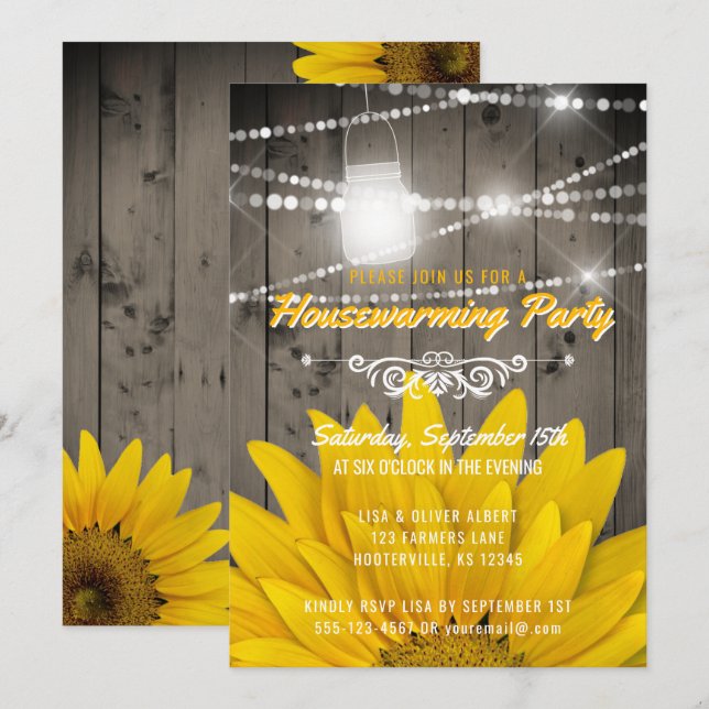 Barnwood Lights Mason Jar Sunflower Housewarming Invitation (Front/Back)